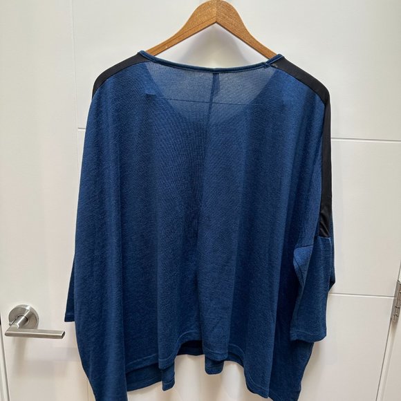 Faux Leather Shoulder Blue Baggy Long Sleeve T-Shirt - Picture 2 of 5
